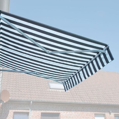 HAPPY GARDEN - Store banne SAULE 3,95 × 3m avec semi-coffre - Toile rayée blanche/grise et structure blanche