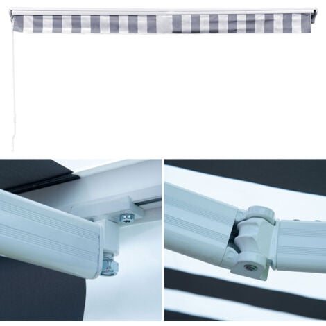 HAPPY GARDEN - Store banne SAULE 3,95 × 3m avec semi-coffre - Toile rayée blanche/grise et structure blanche