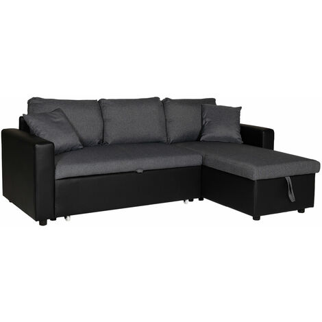Happy Garden – Canapé d'angle convertible 3 places – Méridienne réversible – Coffre de rangement – Simili gris chiné et tissu noir – Dimensions P 146 × l 225 cm