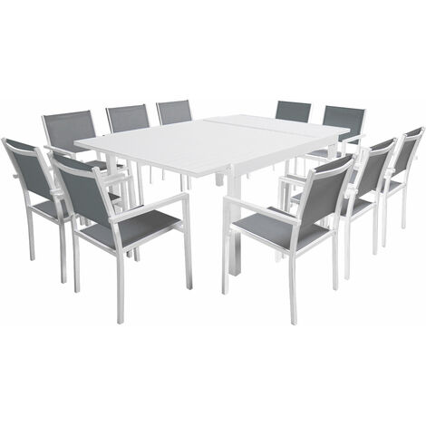 Happy Garden – Ensemble table et chaises de jardin extensible 10 places 140/200cm – Structure en aluminium blanc – Revêtement textilène gris – Chaises empilables