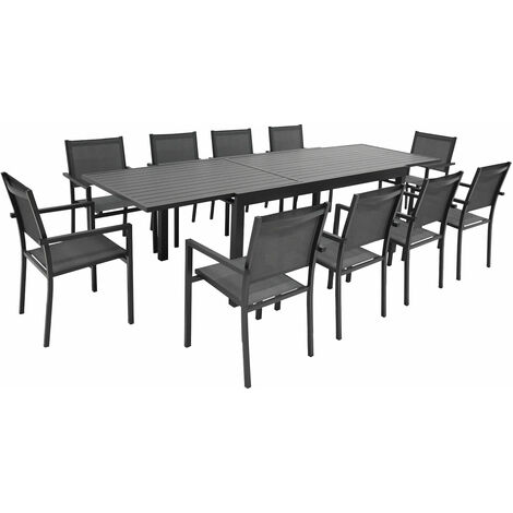 Happy Garden – Ensemble table et chaises de jardin extensible 10 places – Structure aluminium anthracite – Revêtement textilène gris – Dimensions table 180/300cm