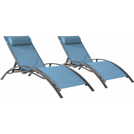 Happy Garden – Lot de 2 transats galapagos en textilène bleu gris – Structure aluminium anthracite – Dossier inclinable 5 niveaux – Dimensions L 178 × l 64 × H 34/87cm