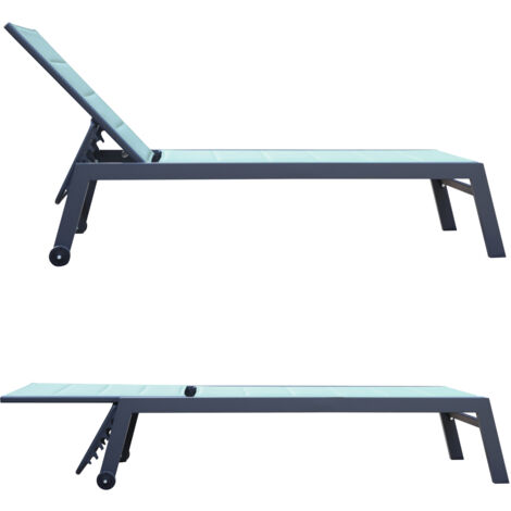 Happy Garden – Bain de soleil transat réglable en textilène vert d'eau – Structure aluminium anthracite – Dossier inclinable 5 niveaux – Dimensions L 164 à 198 × l 61 × H 35 à 95 cm