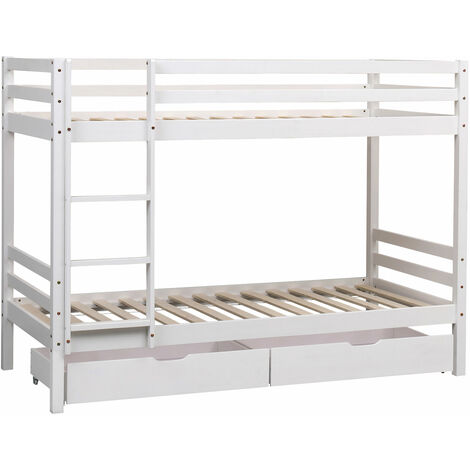 Happy Garden – Lit superposé enfants 190x90cm blanc – Structure en pin avec 2 tiroirs à roulettes – Couchage 2 personnes – Échelle sécurisée