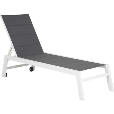 Happy Garden – Bain de soleil BARBADOS textilène gris – Structure aluminium blanche – Dossier inclinable 5 niveaux – Dimensions L 164 à 198 x l 61 x H 35 à 95 cm