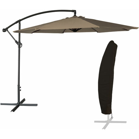 Happy Garden – Parasol déporté rond 3,5m taupe – Structure en acier époxy – Ouverture manivelle – Housse imperméable incluse
