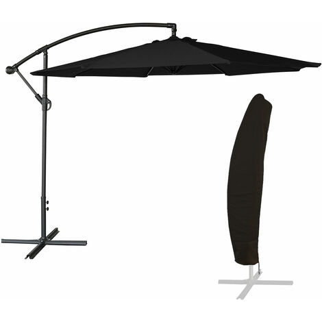 Happy Garden – Parasol déporté rond 3,5m noir – Structure en acier époxy – Ouverture manivelle – Housse imperméable incluse