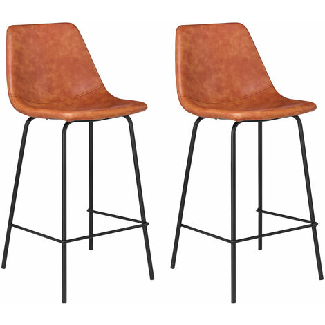 Happy Garden – Lot de 2 tabourets de bar vintage cognac – Hauteur d'assise 65cm – Structure en métal noir – Revêtement en simili cuir