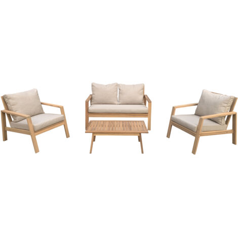 Happy Garden – Salon de jardin en acacia 4 places GILI – Canapé 2 places et 2 fauteuils – Coussins déhoussables sable – Résistant aux intempéries
