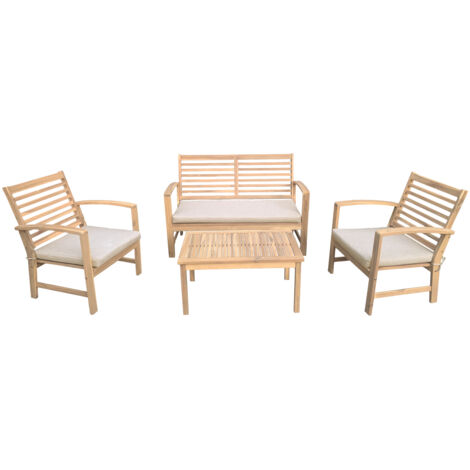 Happy Garden – Salon de jardin en acacia 4 places – Canapé, 2 fauteuils et table basse – Coussins déhoussables – Résistant aux intempéries (1/5)