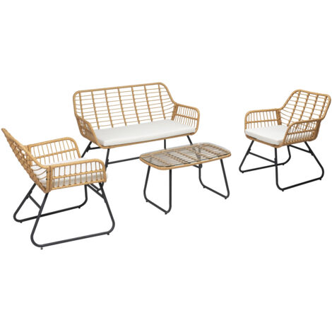 Happy Garden – Salon de jardin 4 places en résine tressée – Coussins déhoussables crème – Structure acier et verre trempé – Résistant aux intempéries et UV (1/5)