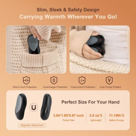 Lot De 2 Chauffe-mains Rechargeables, Format De Poche Portable 6000 MAh 3 Reglages De Chauffage Attraction Magnetique Chauffe Mains Electriques Pour Lexterieur La Chasse Le Golf Le Camping Cad 90412129