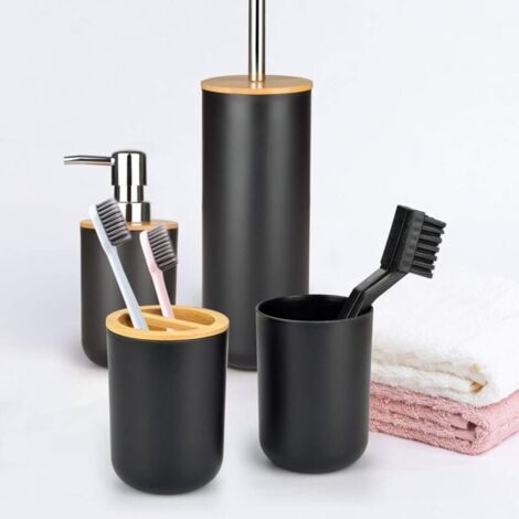 Set De 2 Accesorios De Baño En Bambú - Dispensador De Jabón Y Portacepillos, Estilo Nórdico Marrón