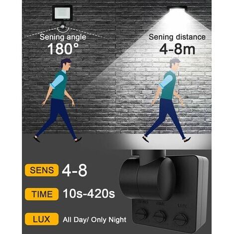 Projecteur LED Extérieur 50W Avec Détecteur De Mouvement - 5000 Lumens, IP67, 6500K Blanc Froid - Réglage Temps, Sensibilité, Luminosité