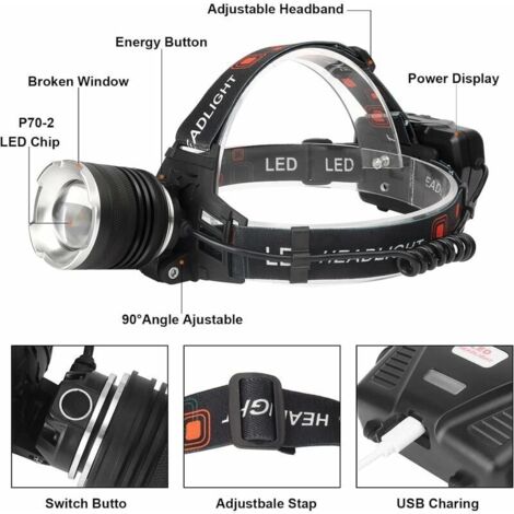 Linterna Frontal Recargable 900000 Lúmenes - IPX7 Impermeable - 5 Modos Luz - USB - Para Camping Y Running