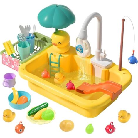 Apritsce Évier Enfant Montessori 3-en-1 Avec Eau, Jeu De Pêche Et Ustensiles – Robinet Circulaire, Piles AA, Cadeau Dès 3 Ans