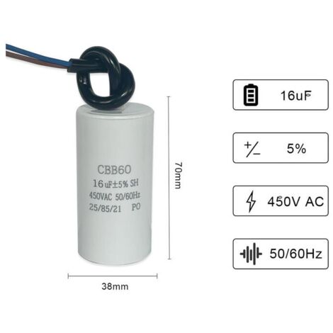 Condensatore CBB60 16&mu;F 450VAC - Per Motori, Pompe, Compressori, Lavatrici