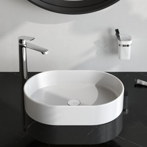 Am.Pm – Vasque à poser ovale en céramique blanche 51 x 35 cm – Design minimaliste – Bord anti-débordement pour nettoyage facile