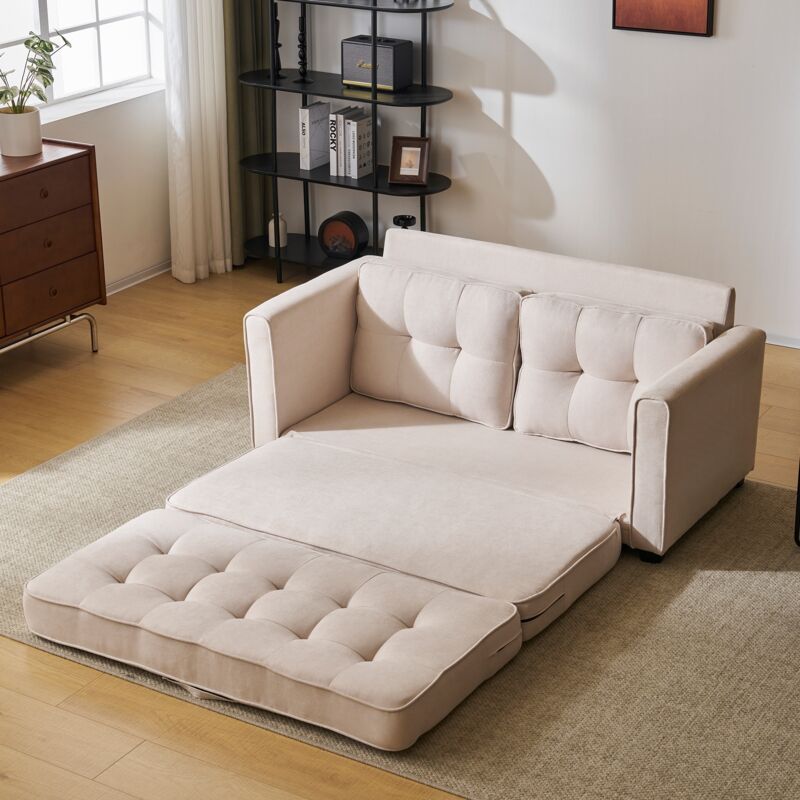 Canapé-Convertible 2 Places En Tissu Lin (Beige) Avec Matelas Intégré - Canapé-lit Pliable Pour Salon Ou Studio - 6