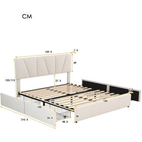 Lit 160x200 cm, avec 4 tiroirs, sommier à lattes en bois, grand espace de rangement, cadre en métal, lit double capitonné en velours - Beige