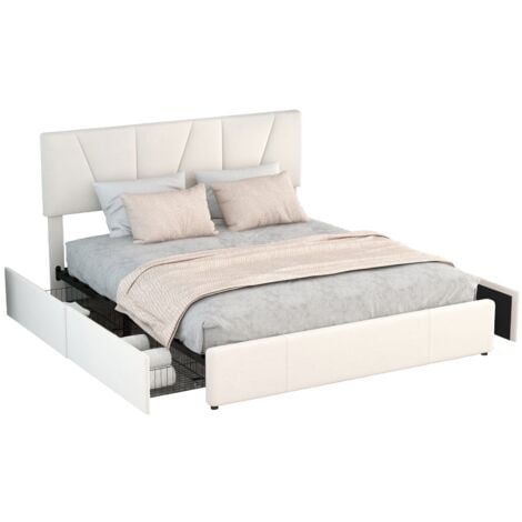 Lit 160x200 cm, avec 4 tiroirs, sommier à lattes en bois, grand espace de rangement, cadre en métal, lit double capitonné en velours - Beige