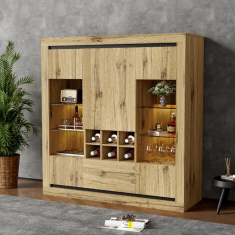 Meuble Haut De Cuisine Avec Portes Vitrées Marron - Buffet Rangement Vert 120x40x179 Cm - Éclairage LED Musical