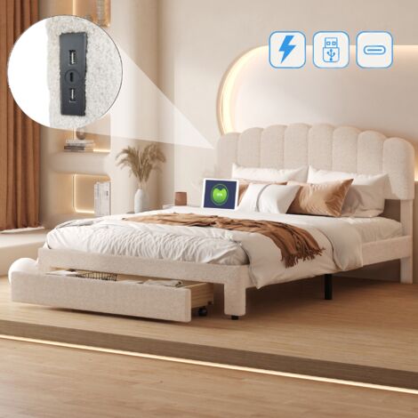 Lit double 140x190 cm, avec tiroirs, USB-A/C fonction de charge, sommier à lattes en bois, lit capitonné en sherpa - Beige