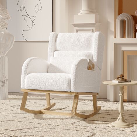 Fauteuil à Bascule En Bois Massif – Coussin épais 25 Cm – Support 136 Kg – Idéal Salon, Chambre, Allaitement – Beige