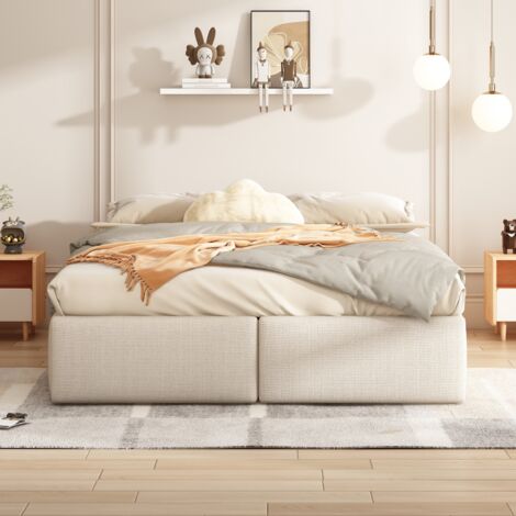 Lit coffre double 140x200 cm, sans tête de lit, avec rangement hydraulique et 2 tiroirs, linge, lit plateforme capitonné, adapté aux adultes et adolescents - Beige