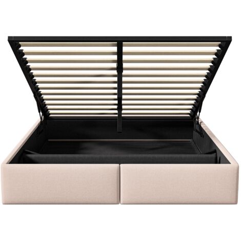 Lit coffre double 140x200 cm, sans tête de lit, avec rangement hydraulique et 2 tiroirs, linge, lit plateforme capitonné, adapté aux adultes et adolescents - Beige
