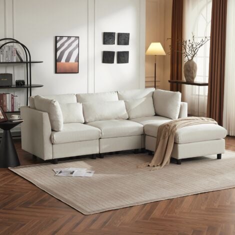 Canapé d'angle, 4 places, 220 cm, vec 2 coussins, Canapé de capitonné modulaire en lin - beige