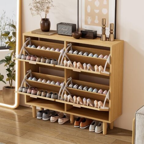 Meuble à chaussures 100 cm avec 4 portes abattants en rotin et 8 étagères, Chaussures Meuble d'entrée en Bois, naturel