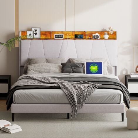 Lit double 160x200 cm, avec éclairage LED, USB fonction chargement C, sommier à lattes en bois, cadre en métal, lit capitonné en lin - Beige