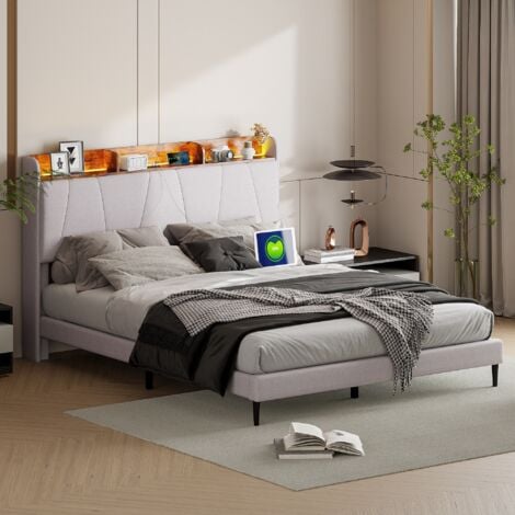 Lit double 160x200 cm, avec éclairage LED, USB fonction chargement C, sommier à lattes en bois, cadre en métal, lit capitonné en lin - Beige