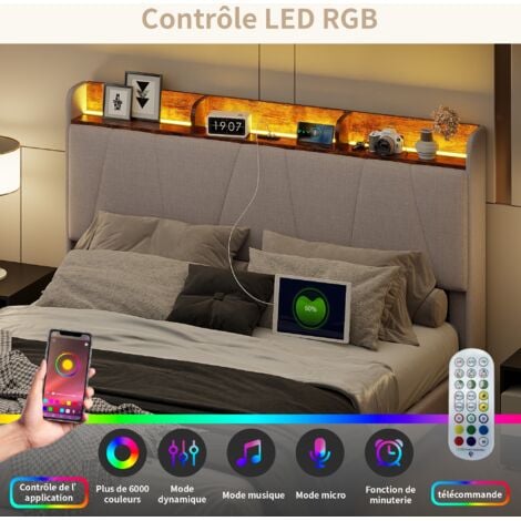 Lit double 160x200 cm, avec éclairage LED, USB fonction chargement C, sommier à lattes en bois, cadre en métal, lit capitonné en lin - Beige