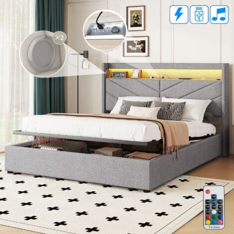 Lit Coffre 140x190 Cm, Avec LED, 2 USB, Hydraulique De Rangement Moderne Sommier A Lattes En Bois Cadre En Metal Lit Capitonne En Velours Gris 85275685