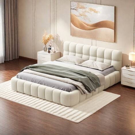 Lit double 140x190 cm, tissu Lin, avec tête de lit rembourré, sommier à lattes, lit adulte capitonné, style scandinave - Beige