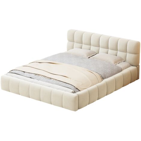 Lit double 140x190 cm, tissu Lin, avec tête de lit rembourré, sommier à lattes, lit adulte capitonné, style scandinave - Beige