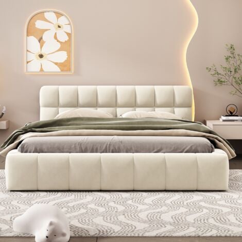 Lit double 140x190 cm, tissu Lin, avec tête de lit rembourré, sommier à lattes, lit adulte capitonné, style scandinave - Beige