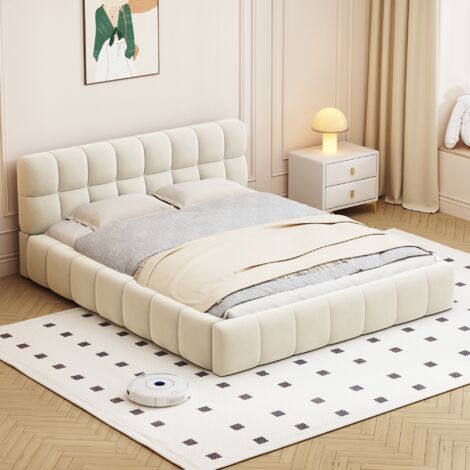 Lit double 140x190 cm, tissu Lin, avec tête de lit rembourré, sommier à lattes, lit adulte capitonné, style scandinave - Beige