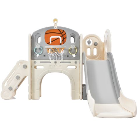 Toboggan 8-en-1 Pour Enfant Avec Panier De Basket, Rangement Intégré Et échelle Antidérapante – Gris Rose, Intérieur/extérieur