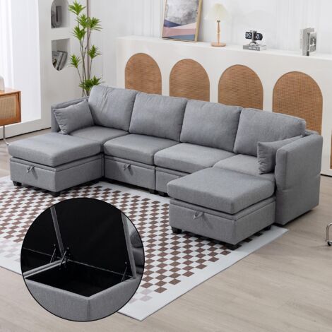 Canapé D'angle Modulable 3 Places Avec Rangement - Tissu Chenille, Fonction Couchage - Charge Max 500kg - Inclus Tiroirs Et Poufs