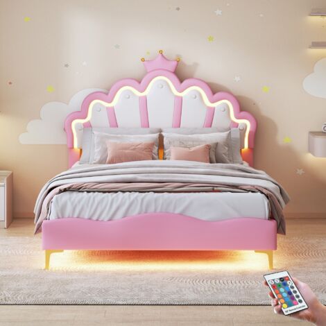 Lit Princesse Couronne Avec Lumières LED - 90x200 Cm, Tête Réglable, Sommier à Lattes, Rose/blanc - Sans Matelas