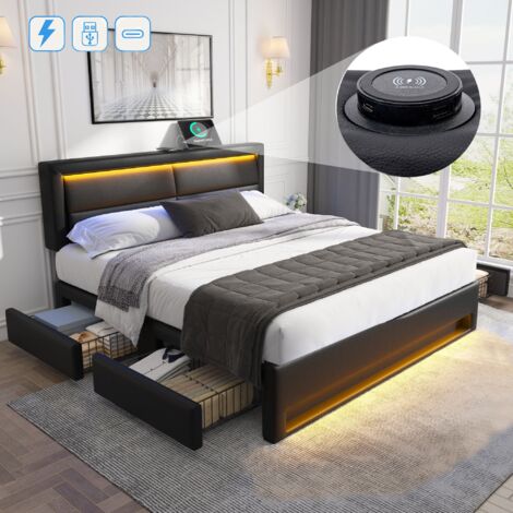 Lit Capitonné 140 X 200 Cm Avec 4 Tiroirs Et Tête De Lit - Prises USB