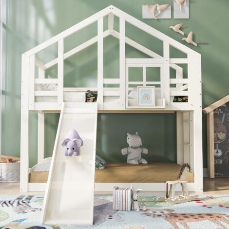 Lit Cabane Enfant 90x200 Avec Bureau Et Rangements - Forme En L, Bois Massif - Blanc Naturel - Pour Chambre D'Enfant