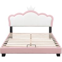 Lit Rembourré 140x200cm Fortuna Lai - Tête De Lit Couronne - Rose Et Blanc - Pour Fille Ou Adolescent - Sommier Lattes Inclus