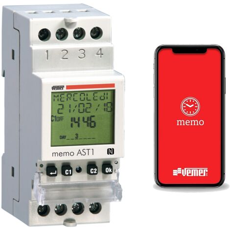 Interrupteur crépusculaire astronomique VE344800 – NFC – 230V AC – 1 relais 16A – Programmation quotidienne/hebdomadaire – Installation rail DIN – Vemer