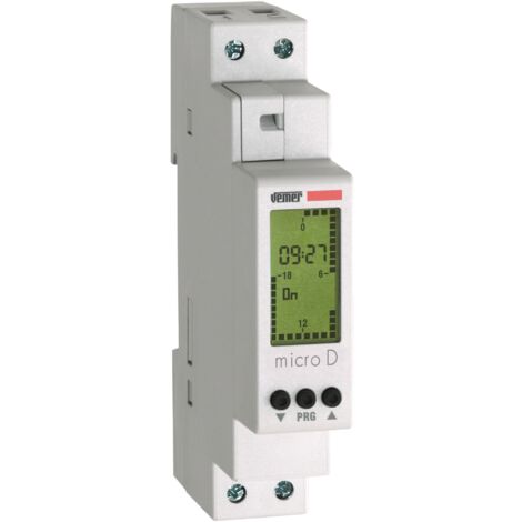 Interrupteur horaire numérique quotidien sur guide DIN – Alimentation 230V AC – Programmation 48 cavaliers – Écran LCD rétro-éclairé – Vemer - VE758100