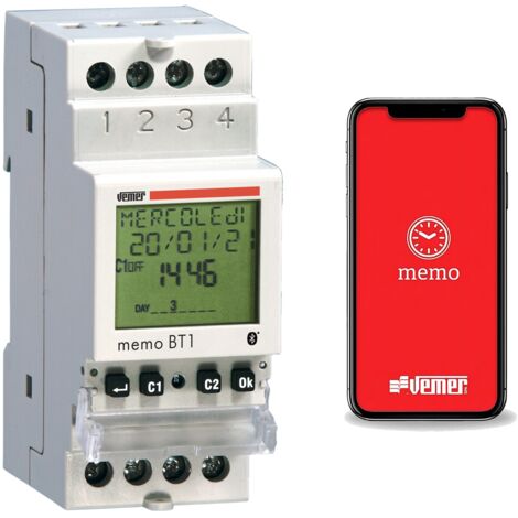 Interrupteur horaire astronomique Bluetooth 230V AC – Programmation quotidienne/hebdomadaire – Montage sur barre DIN – 1 relais – Vemer