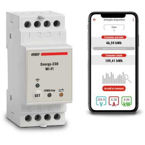 Compteur d'énergie WiFi monophasé VE794600 – Alimentation 230V AC – Courant 40A – Contrôle via application mobile – Vemer